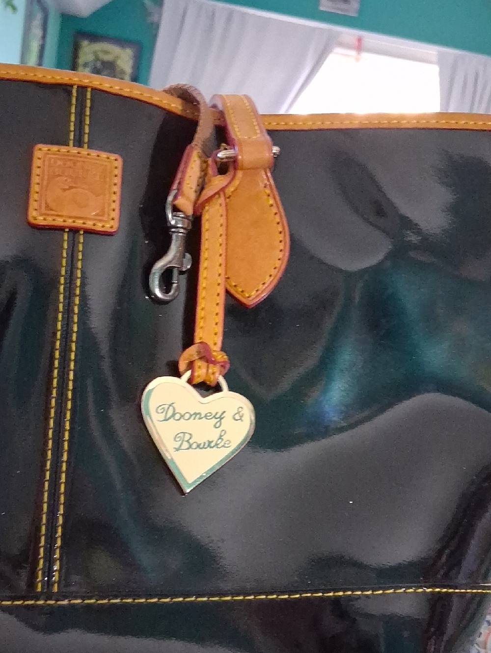 Dooney & Bourke Black Patent Tote with Tan Trim and Heart Charm - Picture 3 of 9